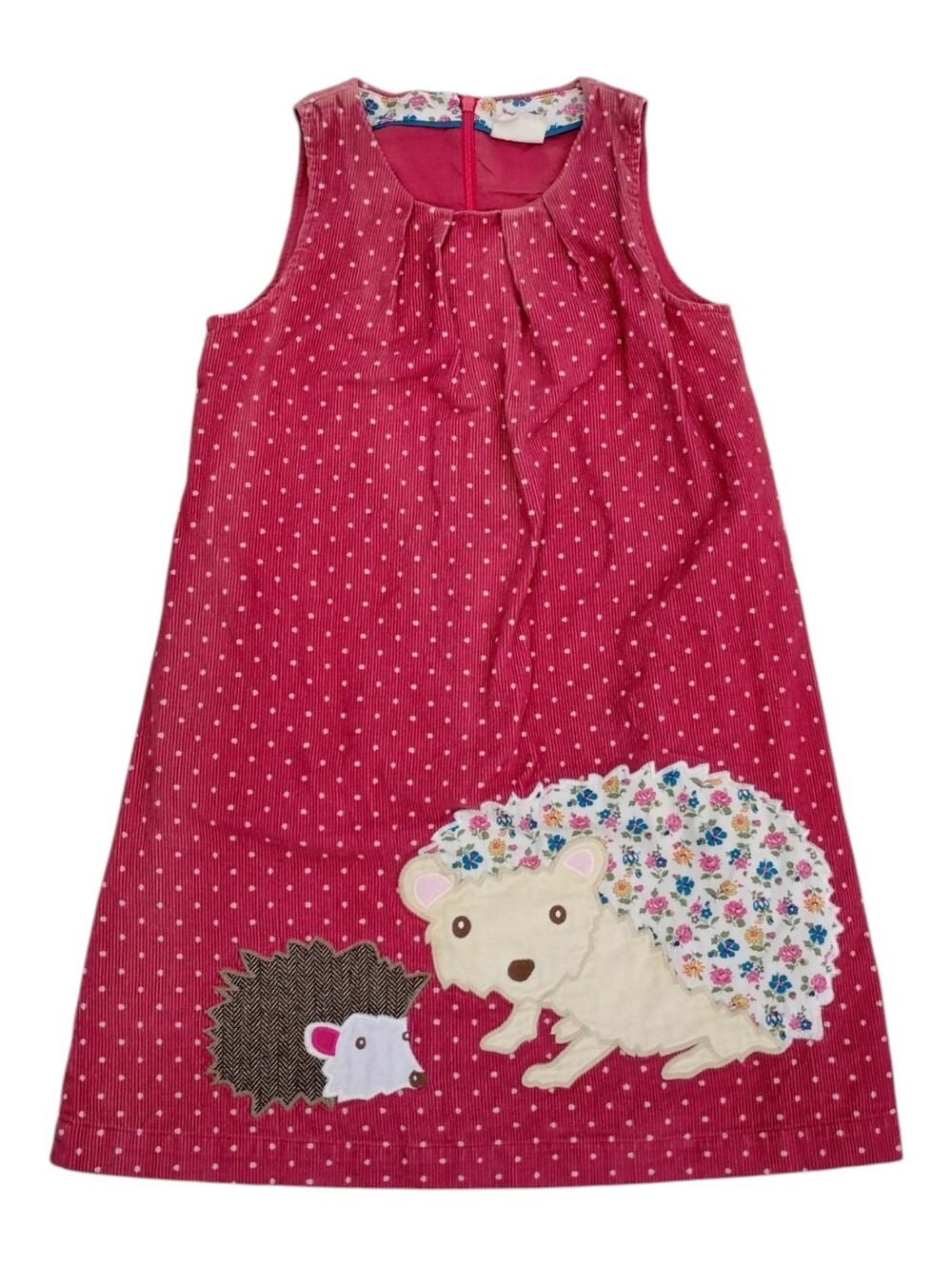 Mini Boden Pink Corduroy Polka Dot Pinafore Dress Hedgehog Appliques Size 11-12